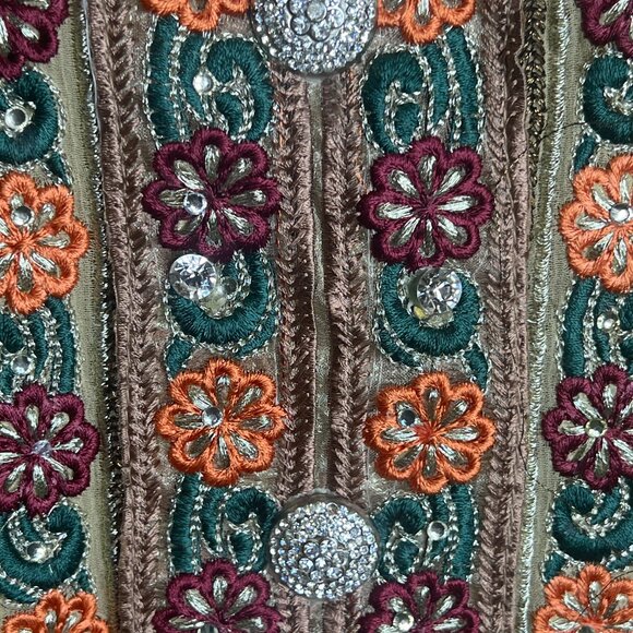 Handmade Beige Long Kaftan Dress Embroidered Sequins Floral Boho Ethnic Wear - Picture 4 of 7